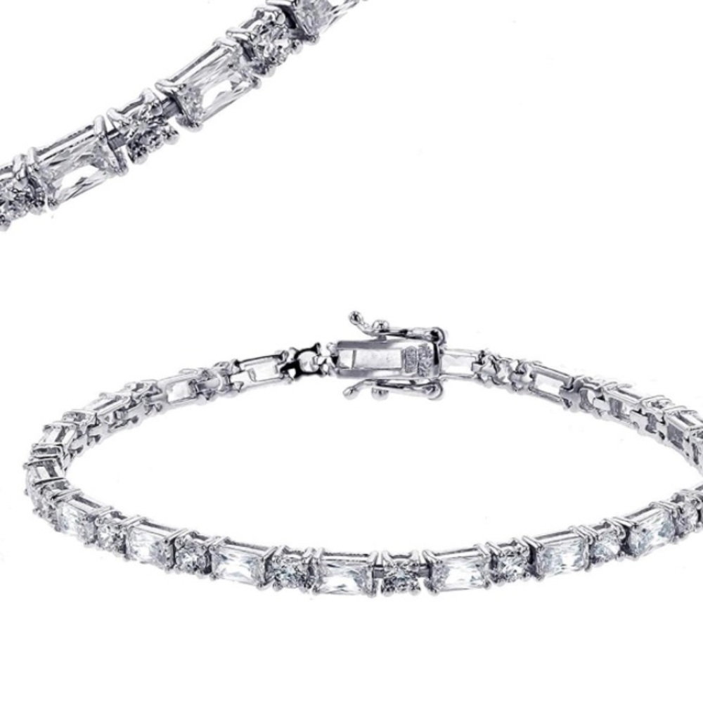 Sterling Silver Rhodium Emerald & Round Cut 7.5" Cubic Zirconia Tennis Bracelet